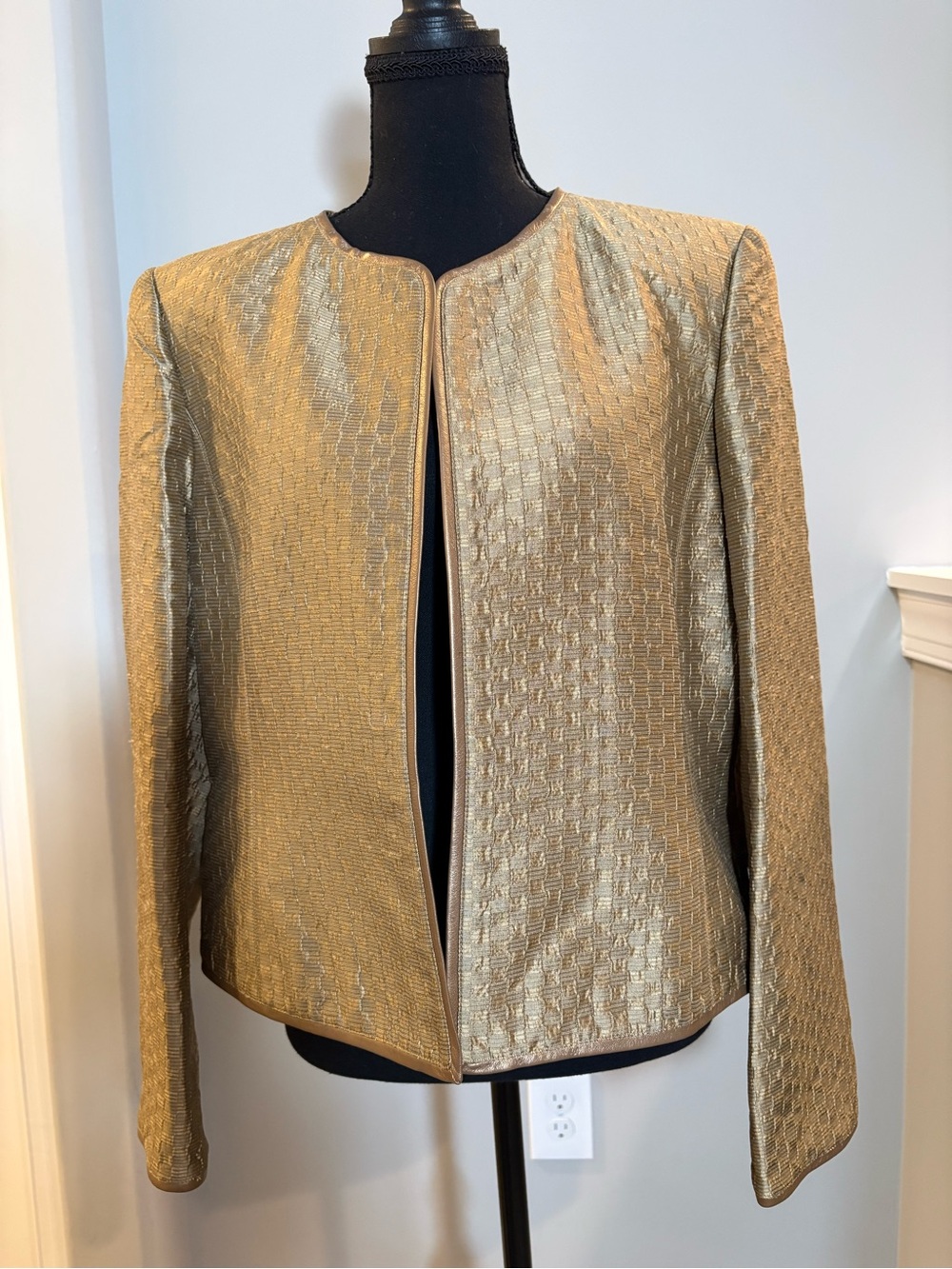 Linda Allard Ellen Tracy Gold Silk Brocade Leather Trim Jacket Sz 14